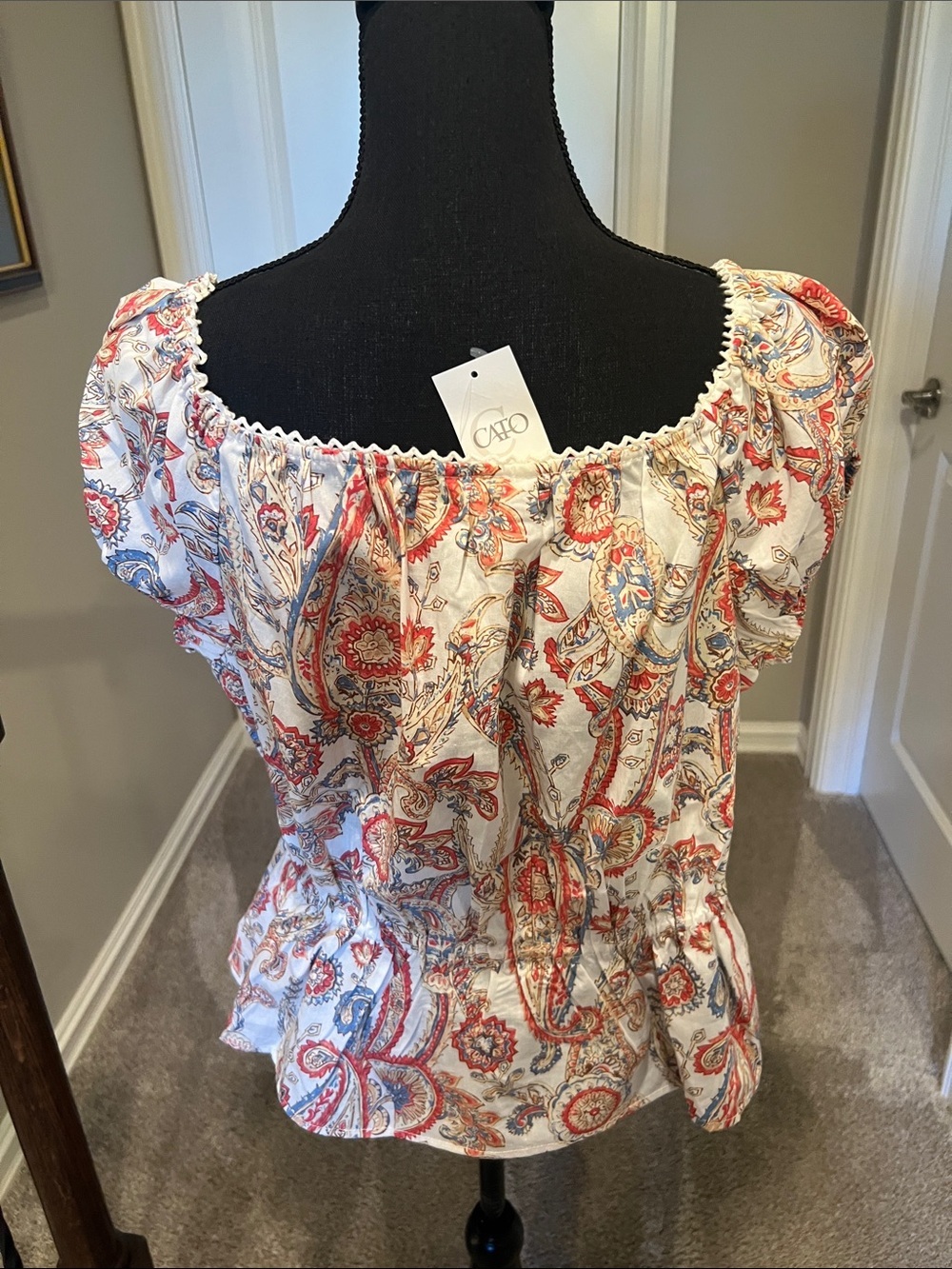 Cato White Blouse with Red and Blue Paisley Puff Sleeves - Picture 10 of 13